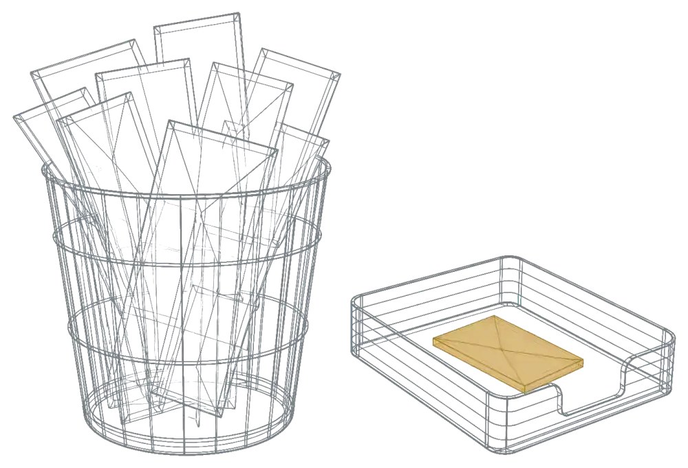 Wireframe von Papierkorb mit Briefen und Ablage mit einem goldenen Kuvert